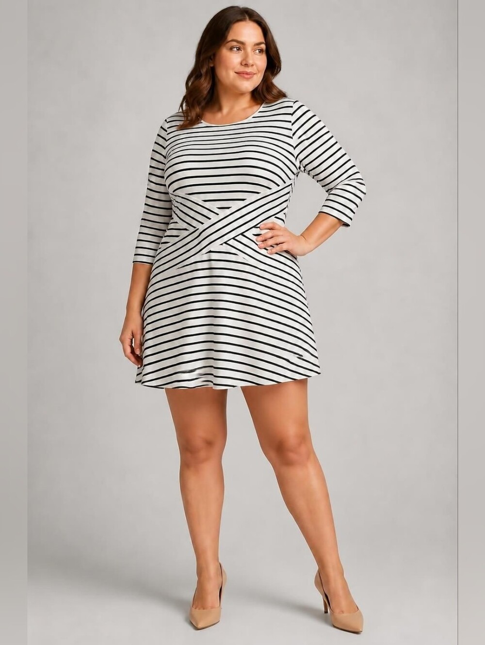 ECI Black & White Striped Long Sleeve Swing Dress